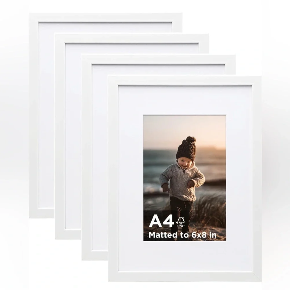 KINLINK A4 Picture Frame White Set of 4,‎ Wooden Photo Frames Matted A5